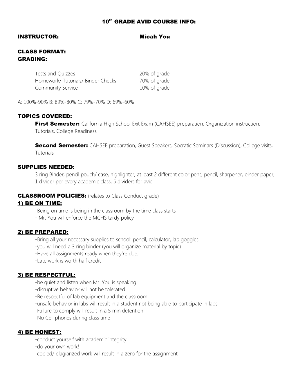 Chemistry Course Info