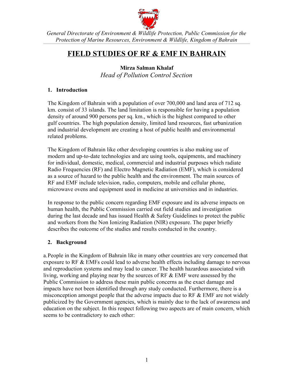 Field Studies of Rf & Emf in Bahrain