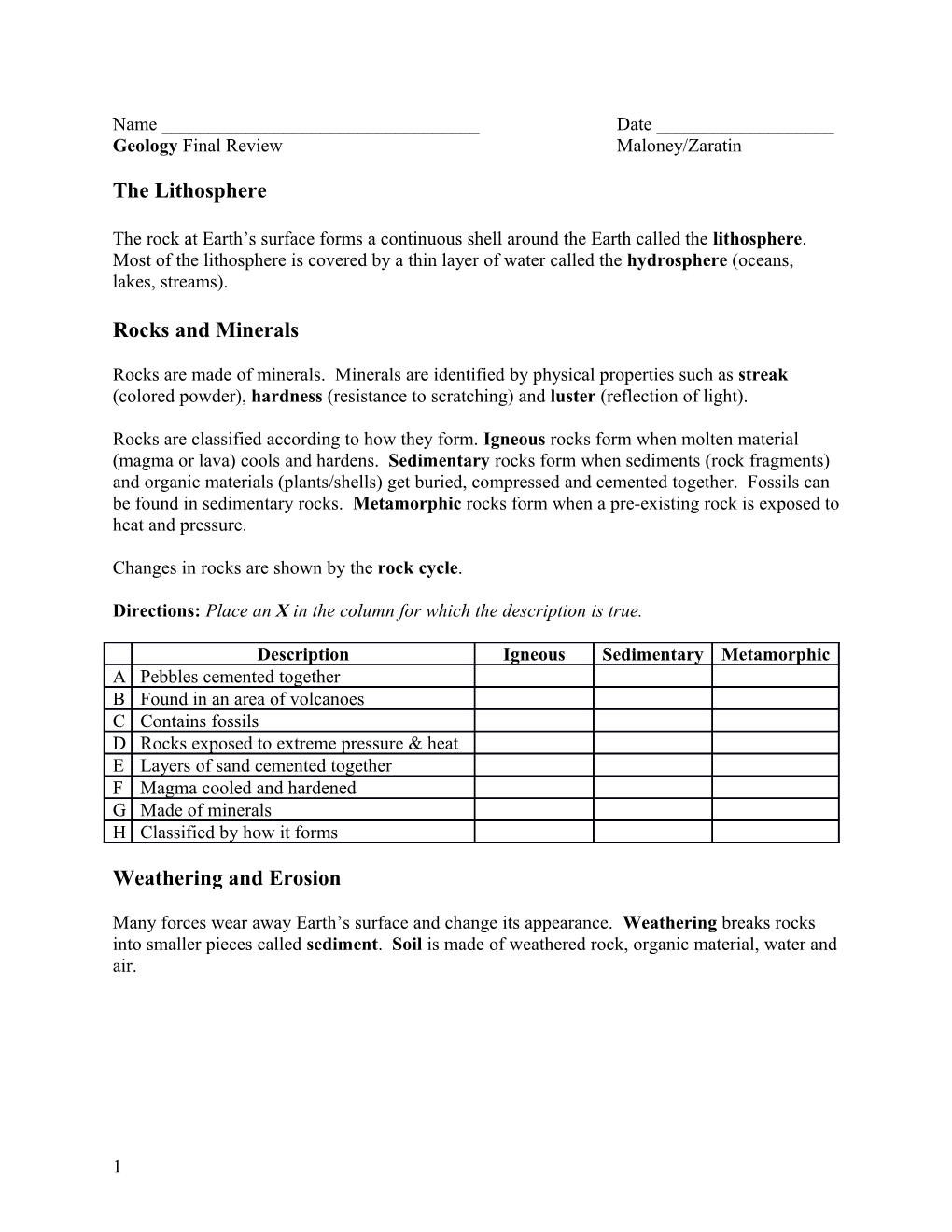 Geology Final Review Maloney/Zaratin