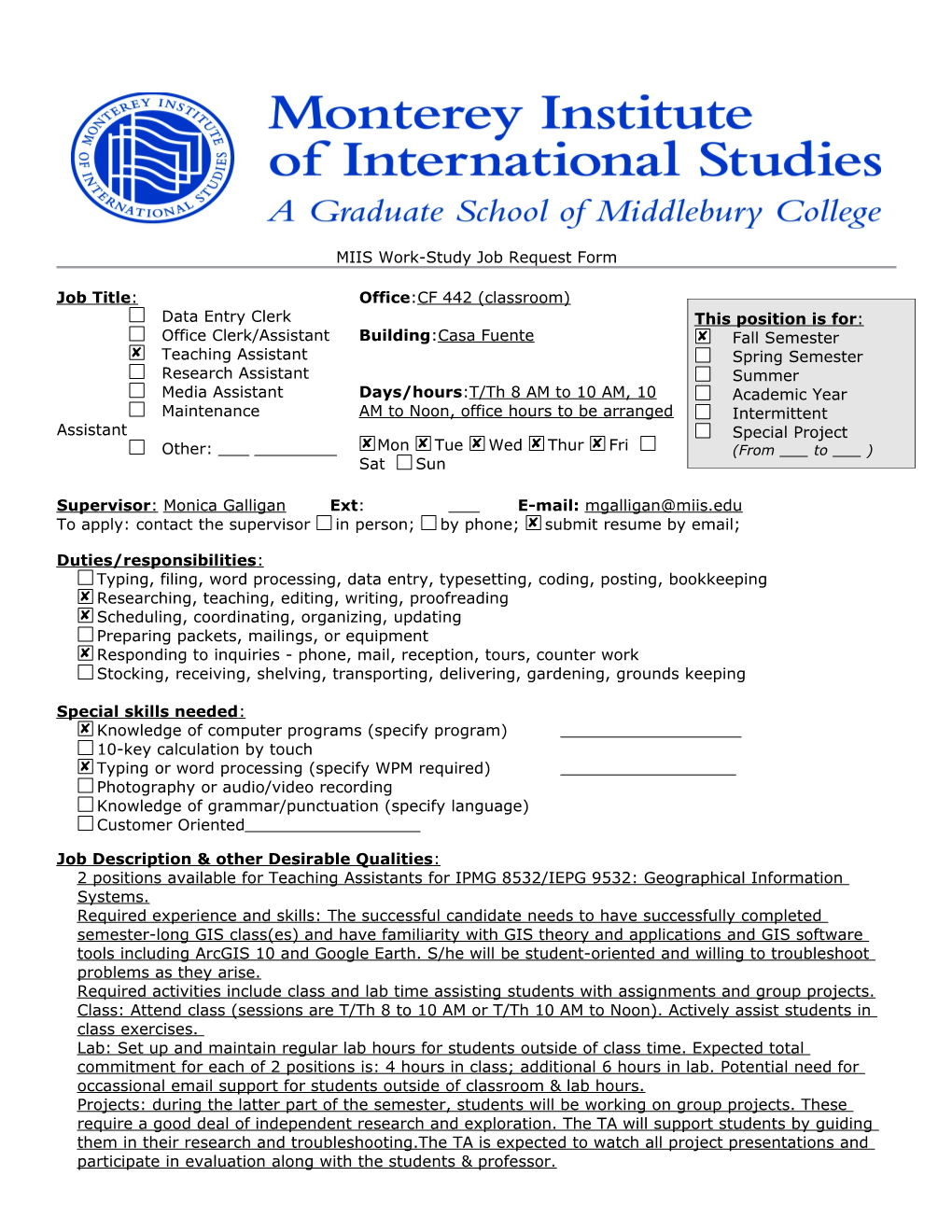 MIIS Work-Study Job Request Form