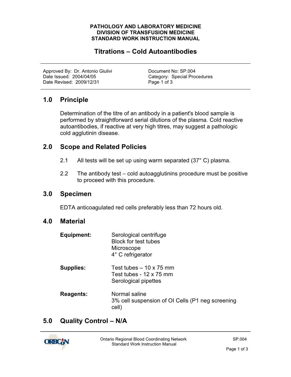 SP.004 - Titrations - Cold Autoantibodies