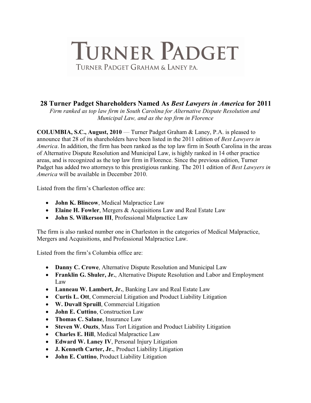 28 Turner Padget Shareholders Named As Best Lawyers in America for 2011