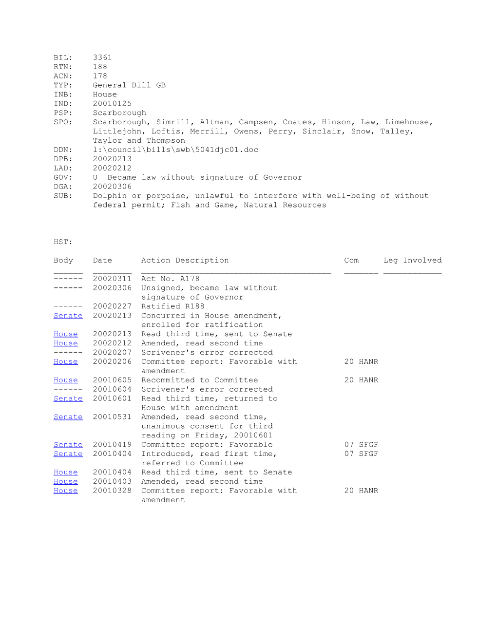 2001-2002 Bill 3361: Dolphin Or Porpoise, Unlawful to Interfere with Well-Being of Without