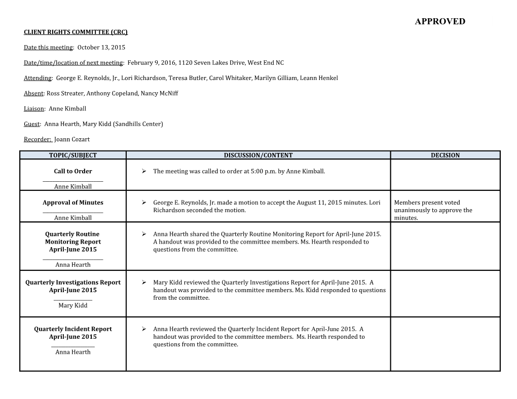 The Guilford Center Meeting Minutes