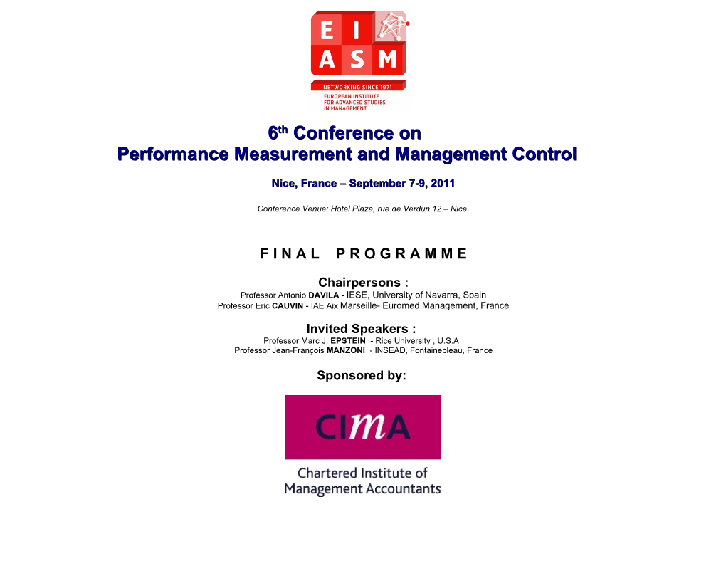 6Th Conference on Performance Measurement and Management Control