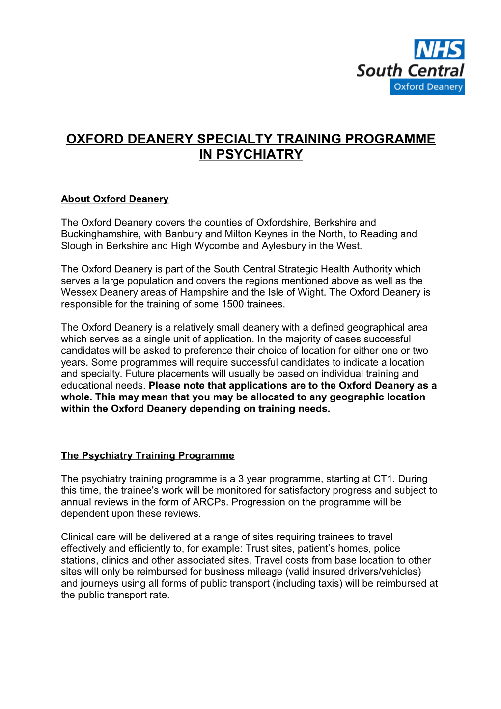 Oxford Deanery Specialty Training Programme in Psychiatry