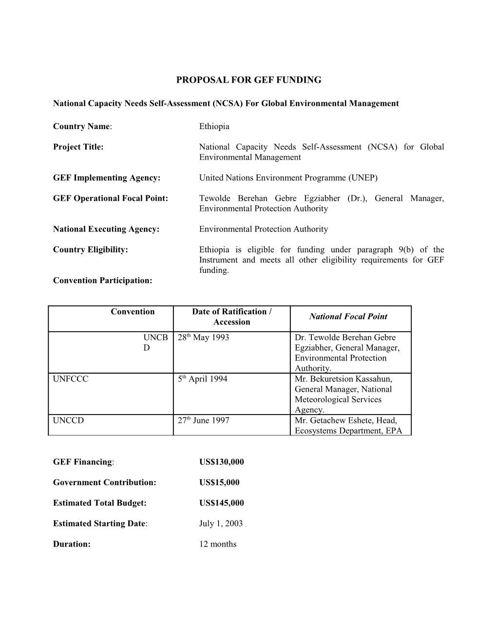 Proposal for Gef Funding