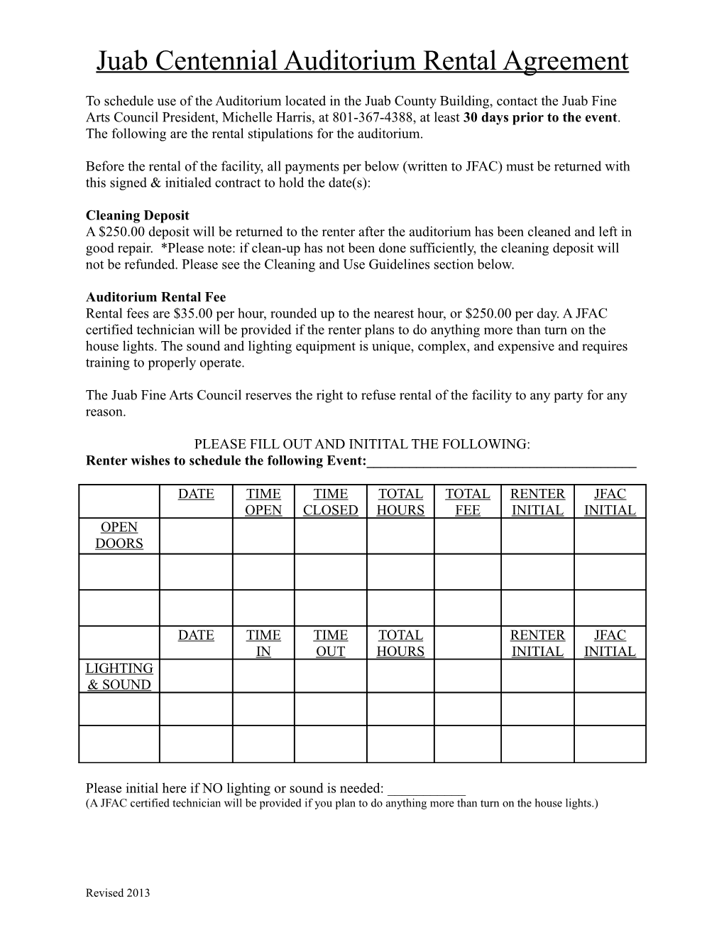 Juab Centennial Auditorium Rental Agreement