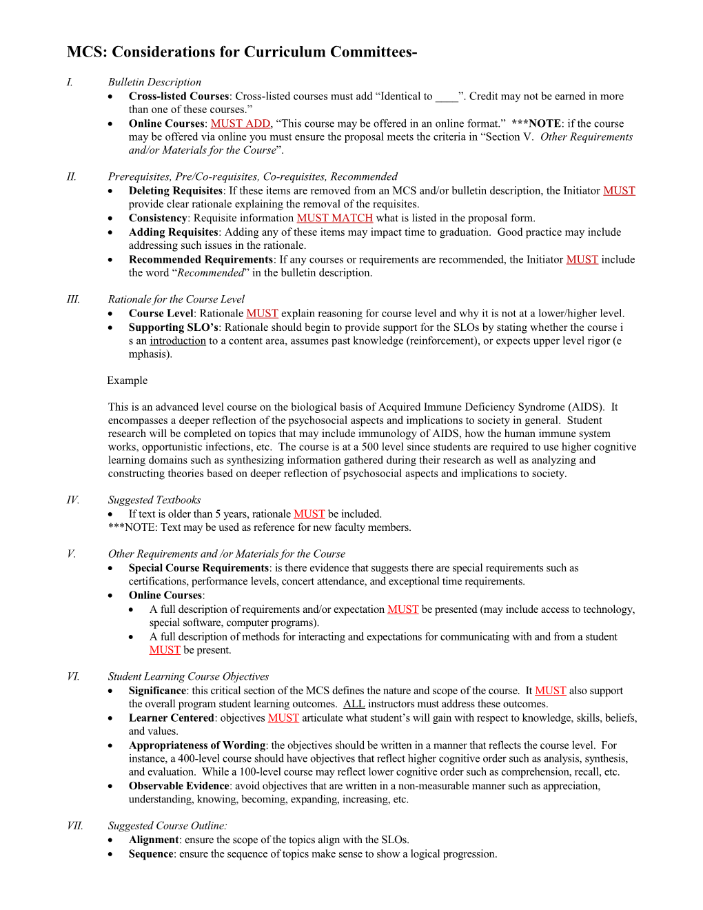 MCS: Considerations for Curriculum Committees