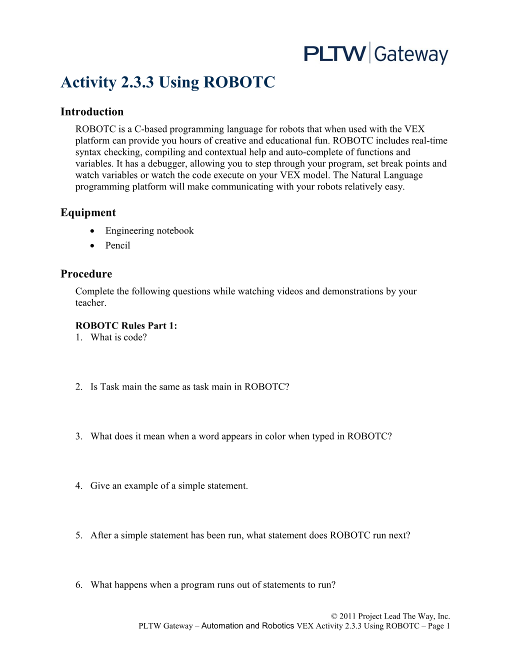 Activity 2.3.3 Using ROBOTC