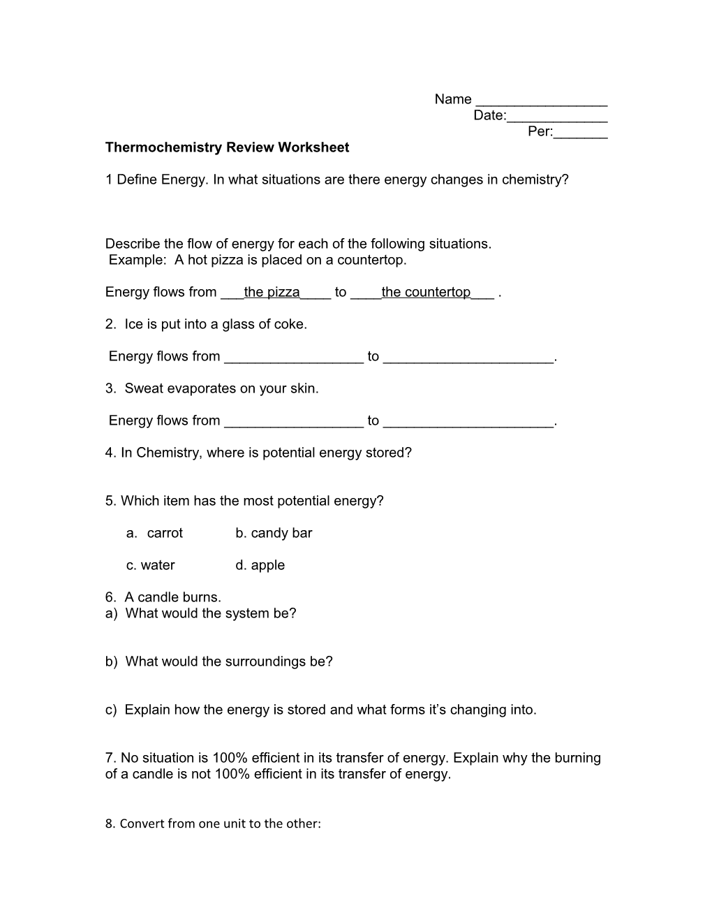 Thermochemistry Review Worksheet s1