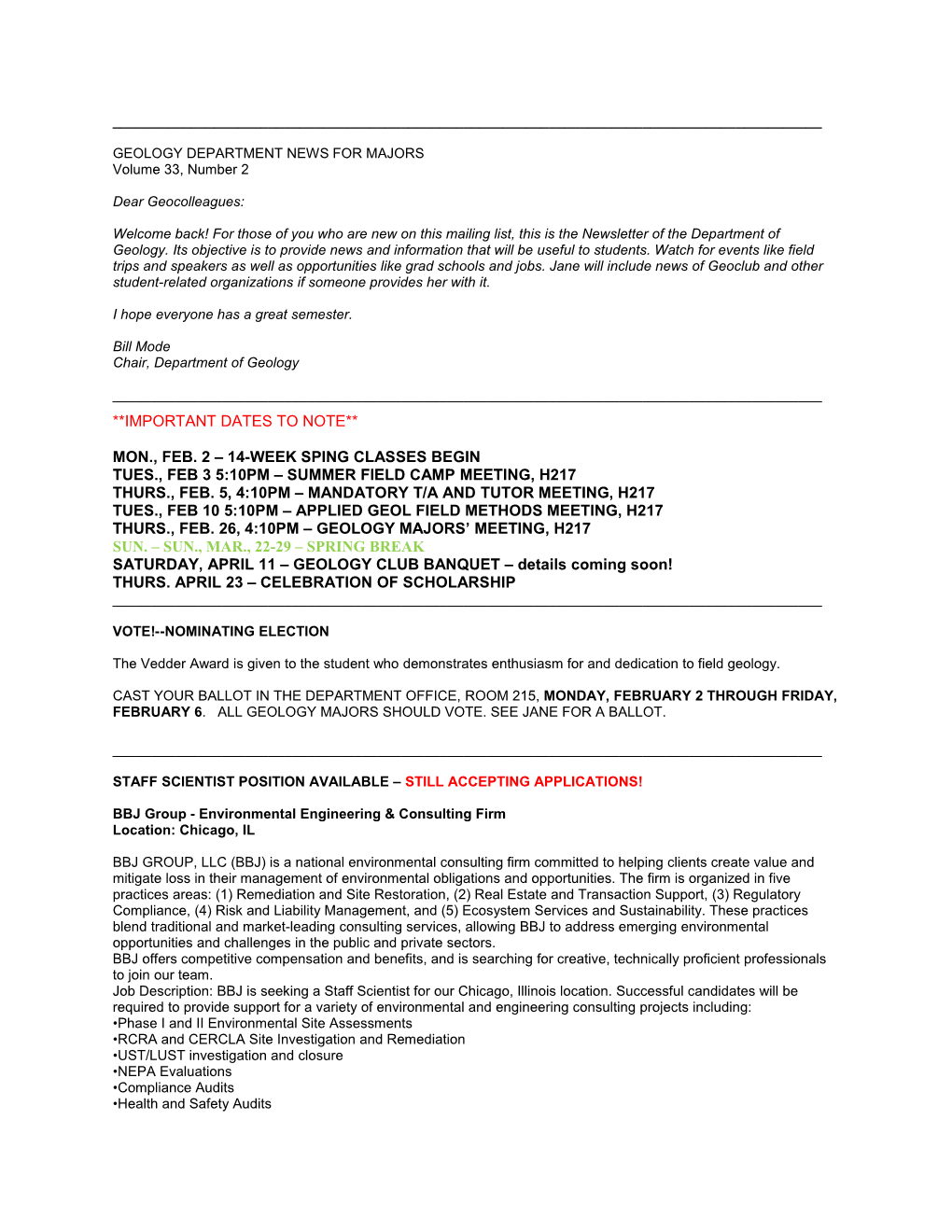 GEOLOGY DEPARTMENT NEWS for MAJORS Volume 33, Number 2