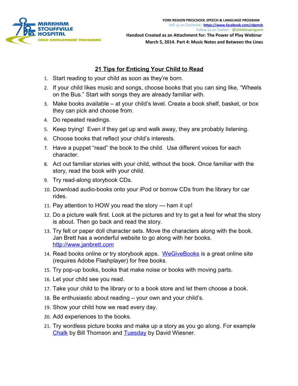 Handout Created As an Attachment For: the Power of Play Webinar