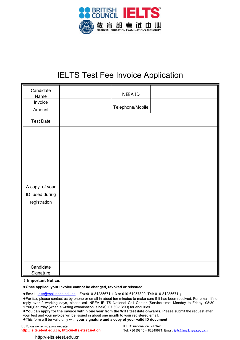 IELTS Test Fee Invoice Application