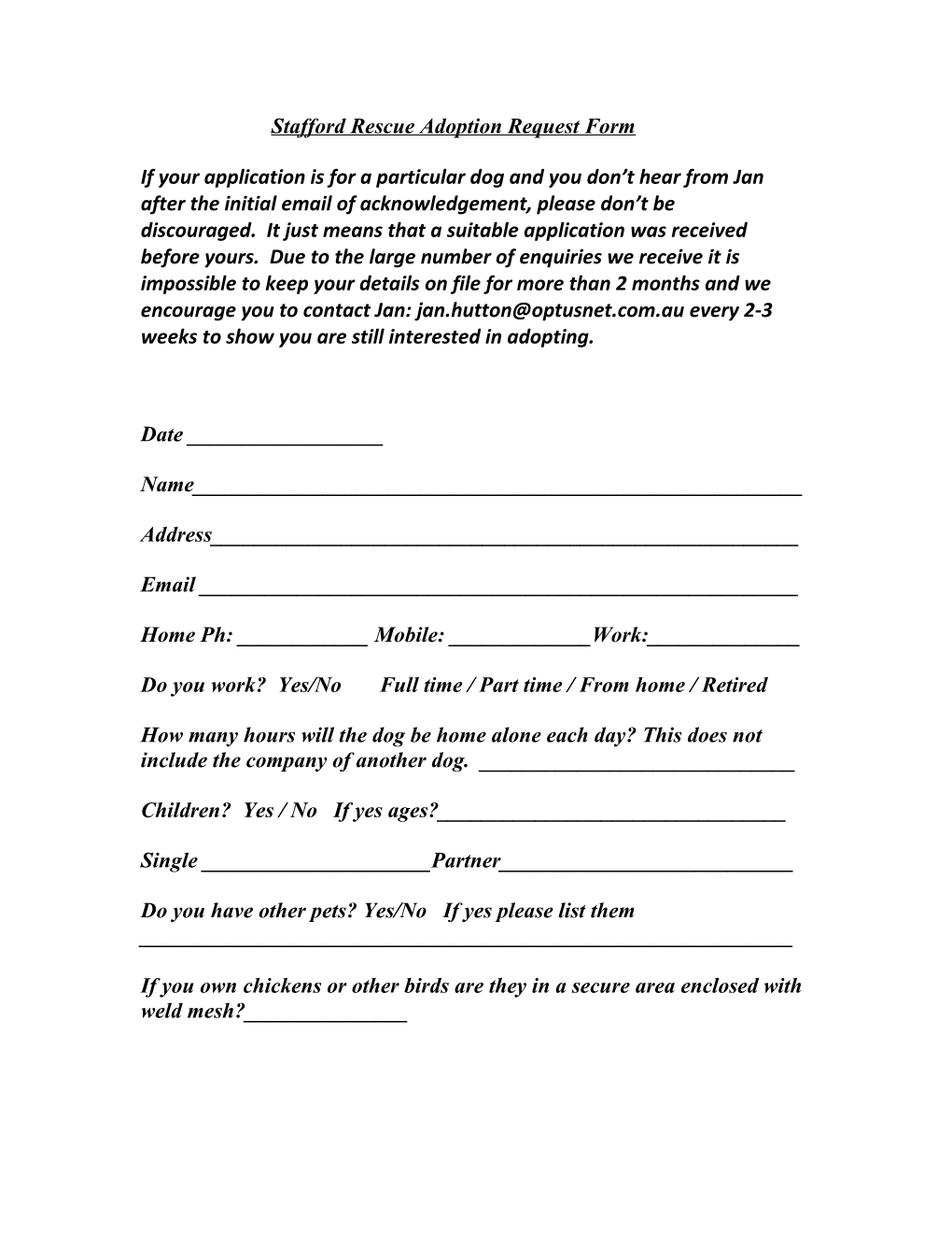 Stafford Rescue Adoption Request Form