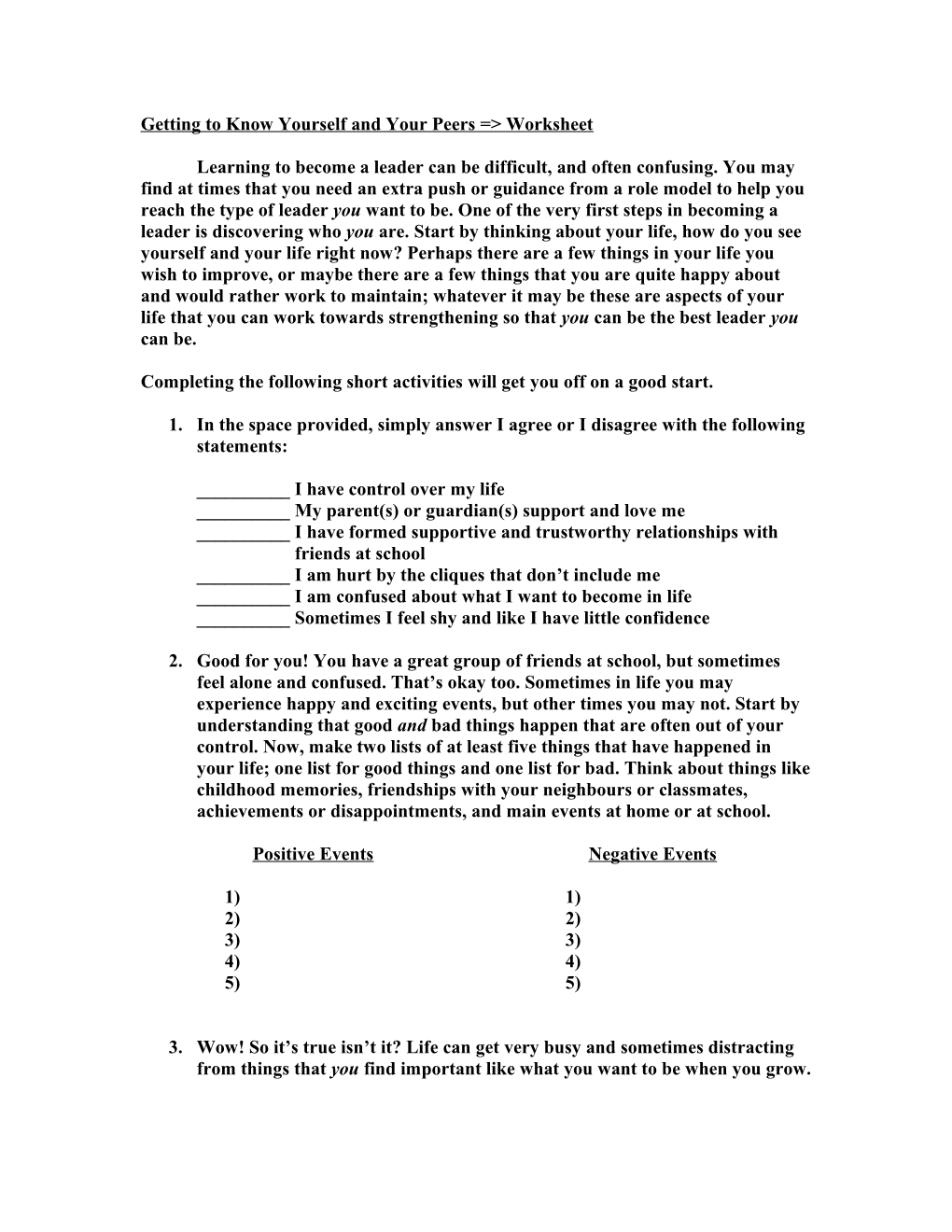 Getting To Know Yourself And Your Peers => Worksheet