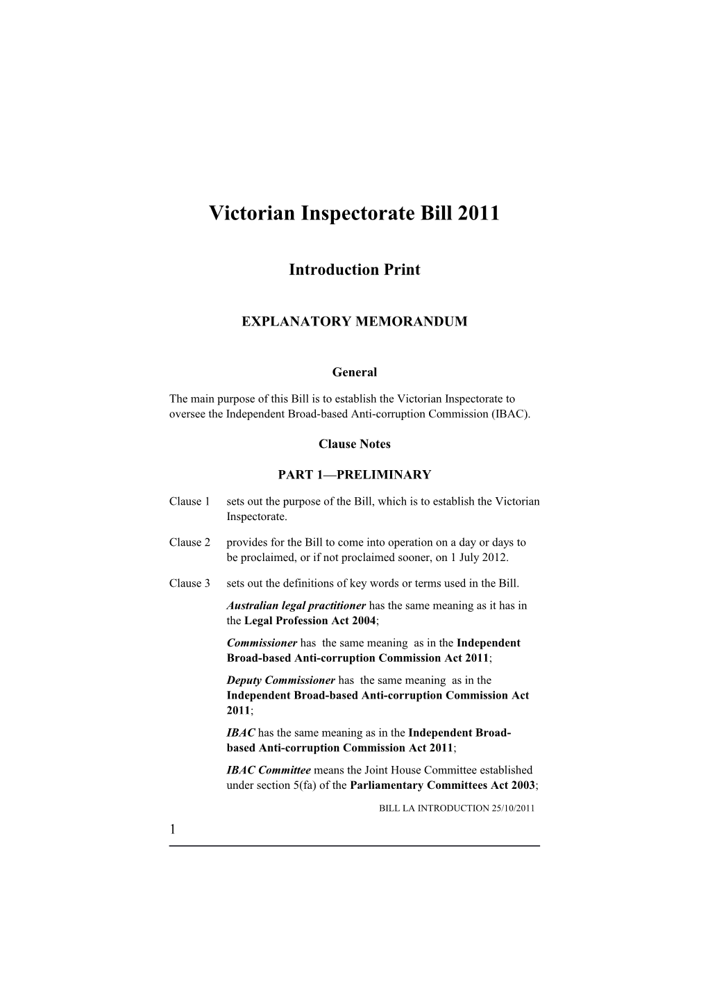 Victorian Inspectorate Bill 2011