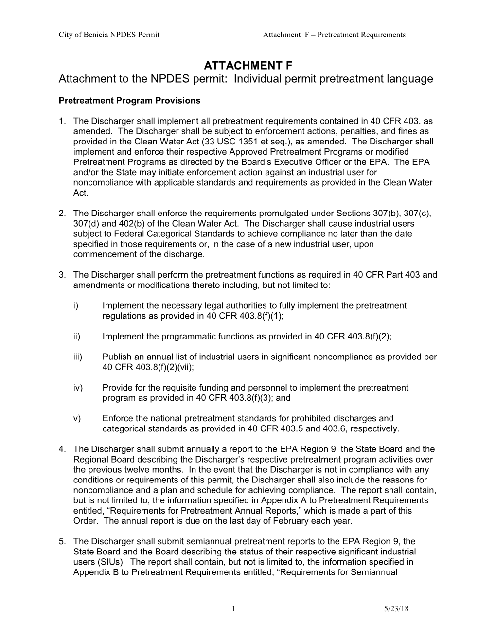 City of Benicia NPDES Permit Attachment F Pretreatment Requirements
