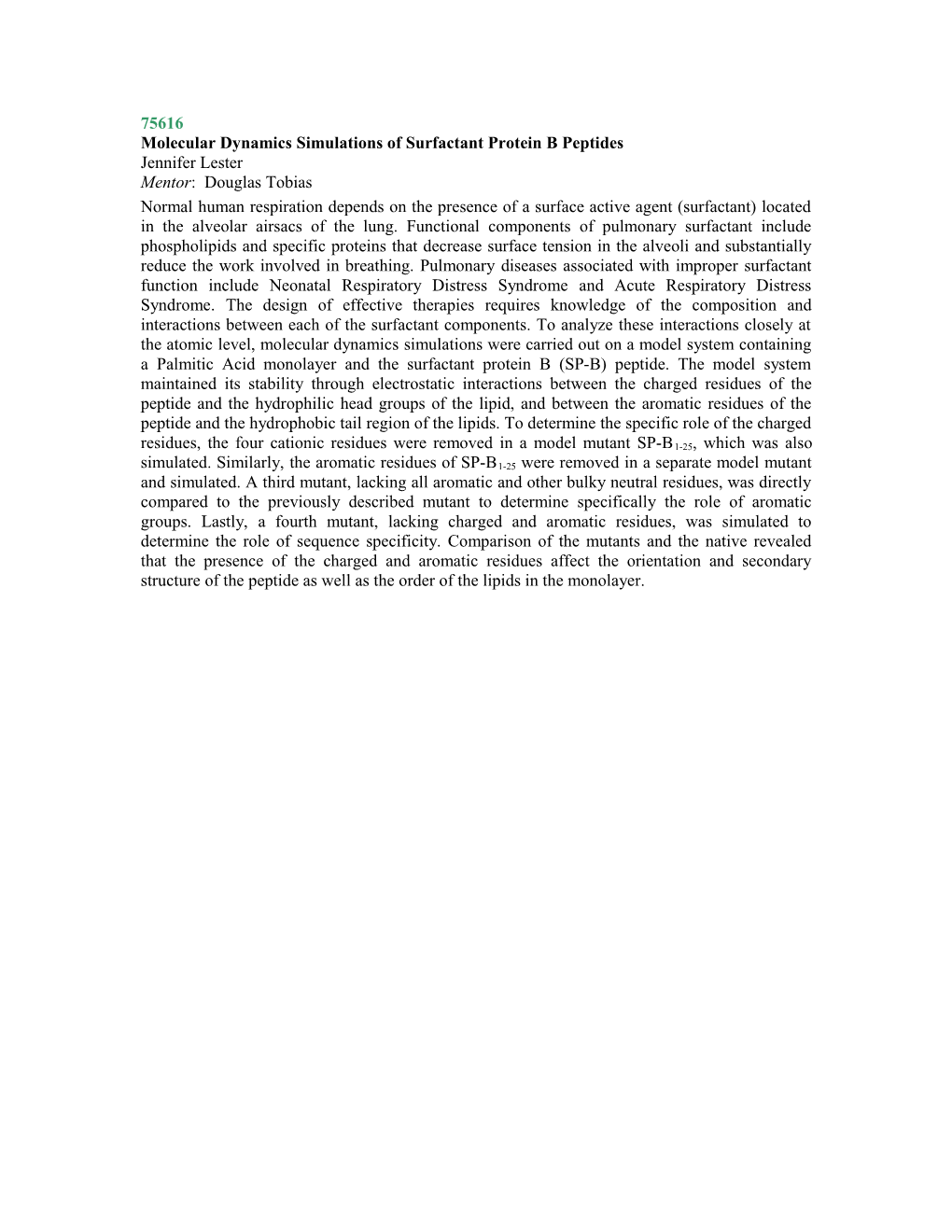 Molecular Dynamics Simulations of a Surfactant Protein B Peptide