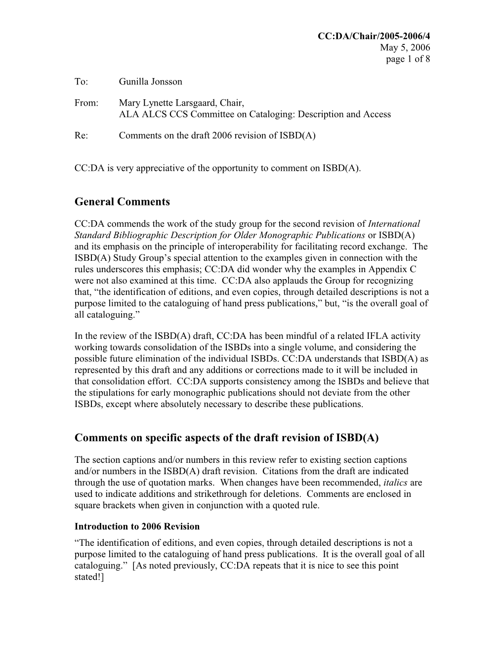 Comments on the Draft 2006 Revision of ISBD(A)