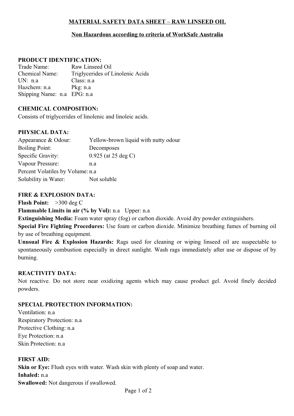 Material Safety Data Sheet Raw Linseed Oil