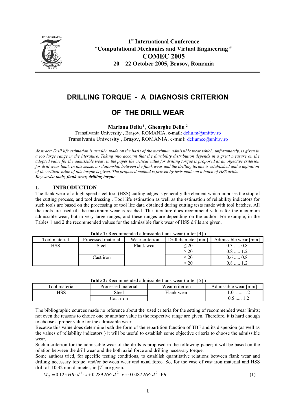 Drilling Torque - a Diagnosis Criterion