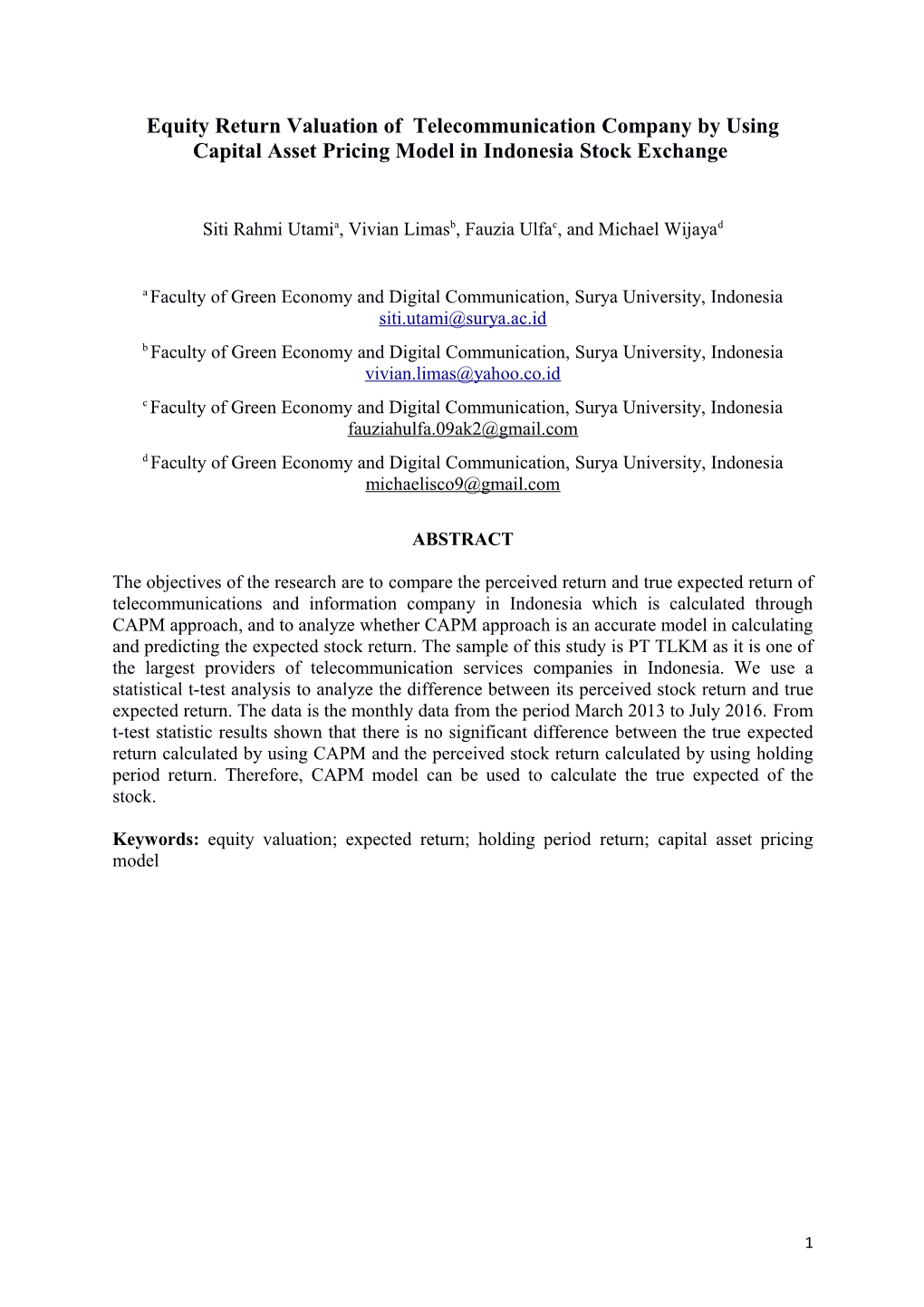 Equity Return Valuation of Telecommunication Company by Using Capital Asset Pricing Model