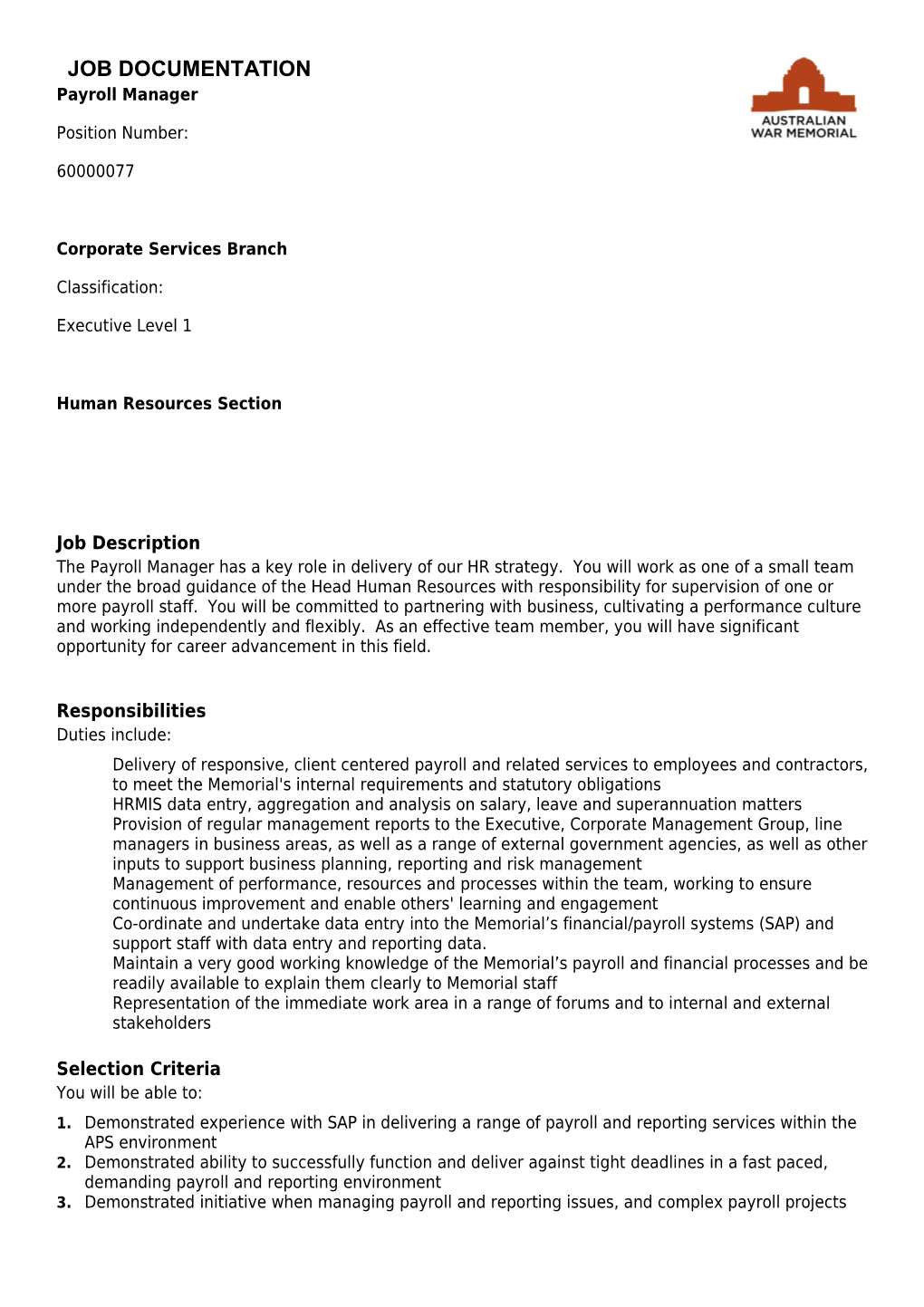 60000077 Job Documentation - Payroll Manager - 20150202