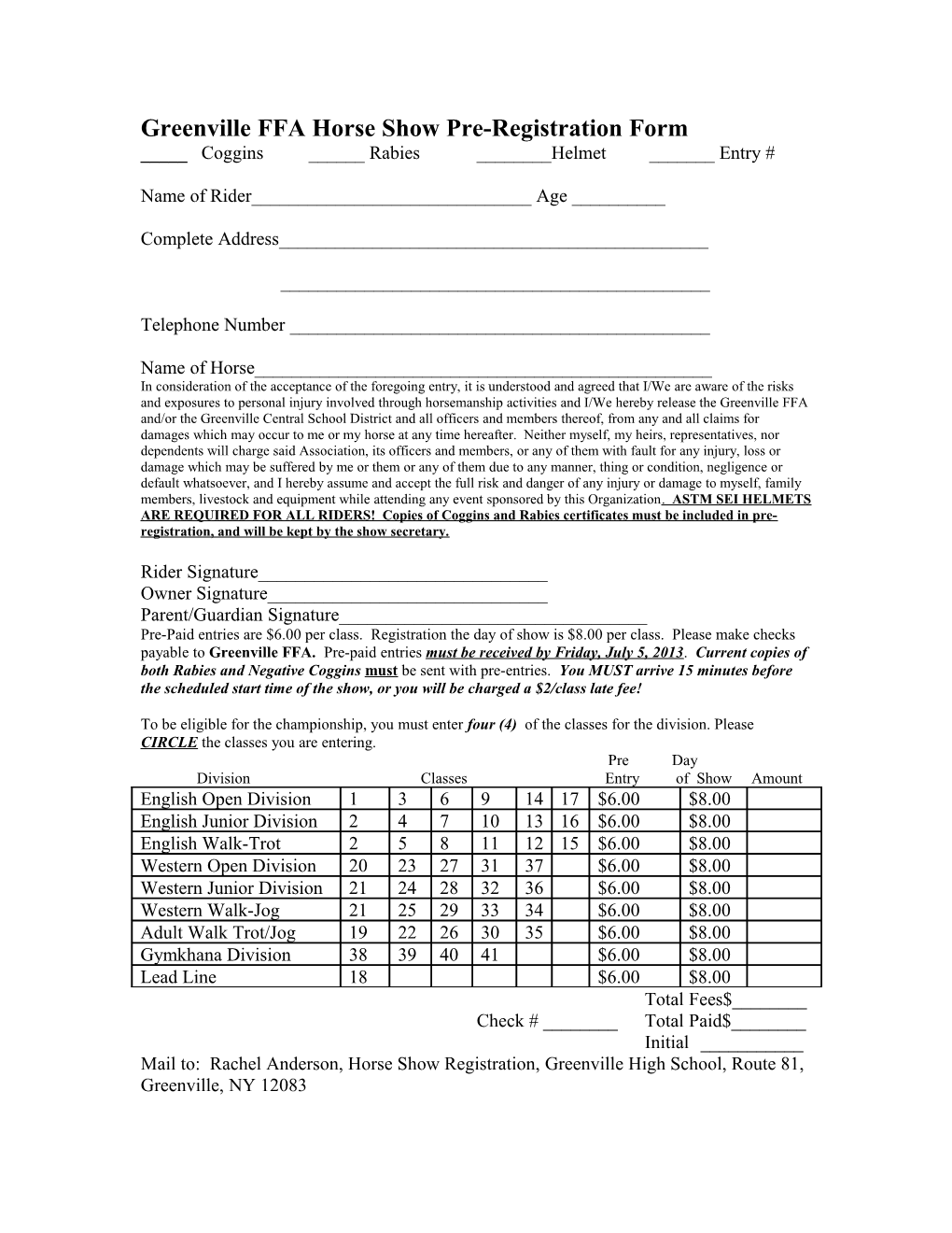 Greenville FFA Horse Show Pre-Registration Form