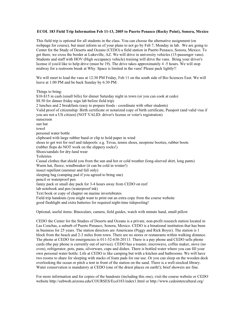 ECOL 183 Field Trip Information Feb 11-13, 2005 to Puerto Penasco (Rocky Point), Sonora, Mexico