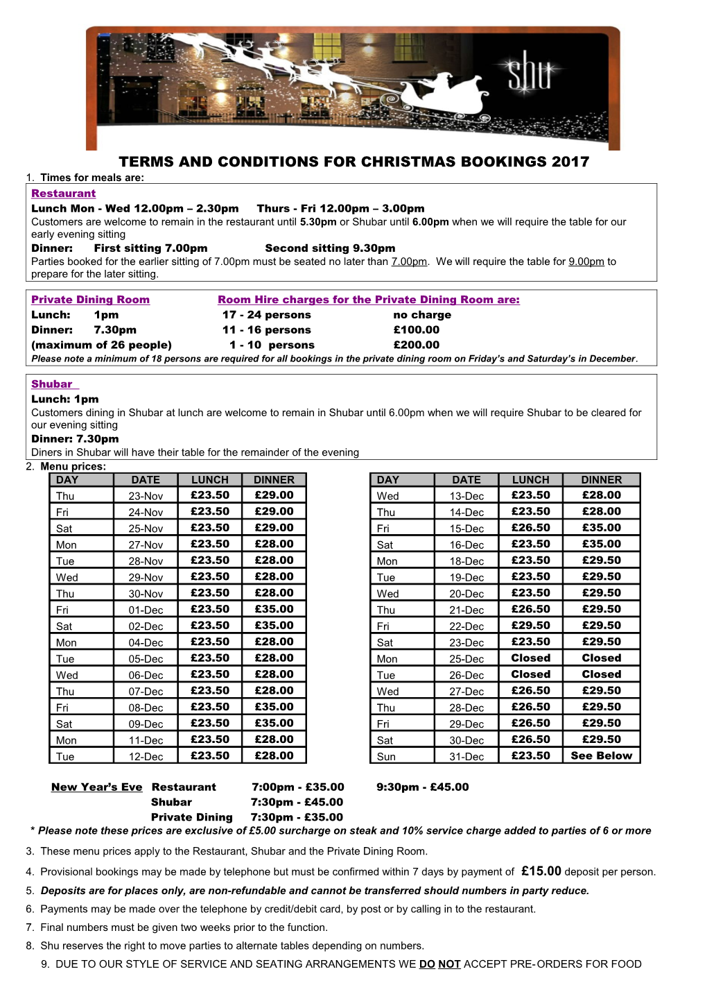 Terms and Conditions for Christmas Bookings 2017
