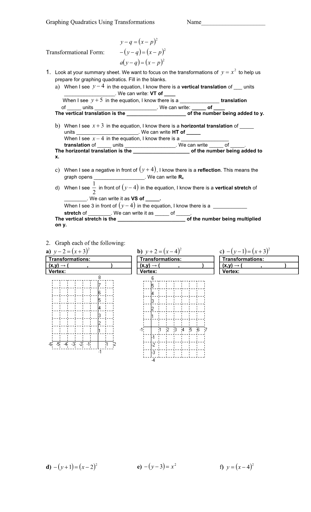 Graphing Quadratics Using Transformations Name______