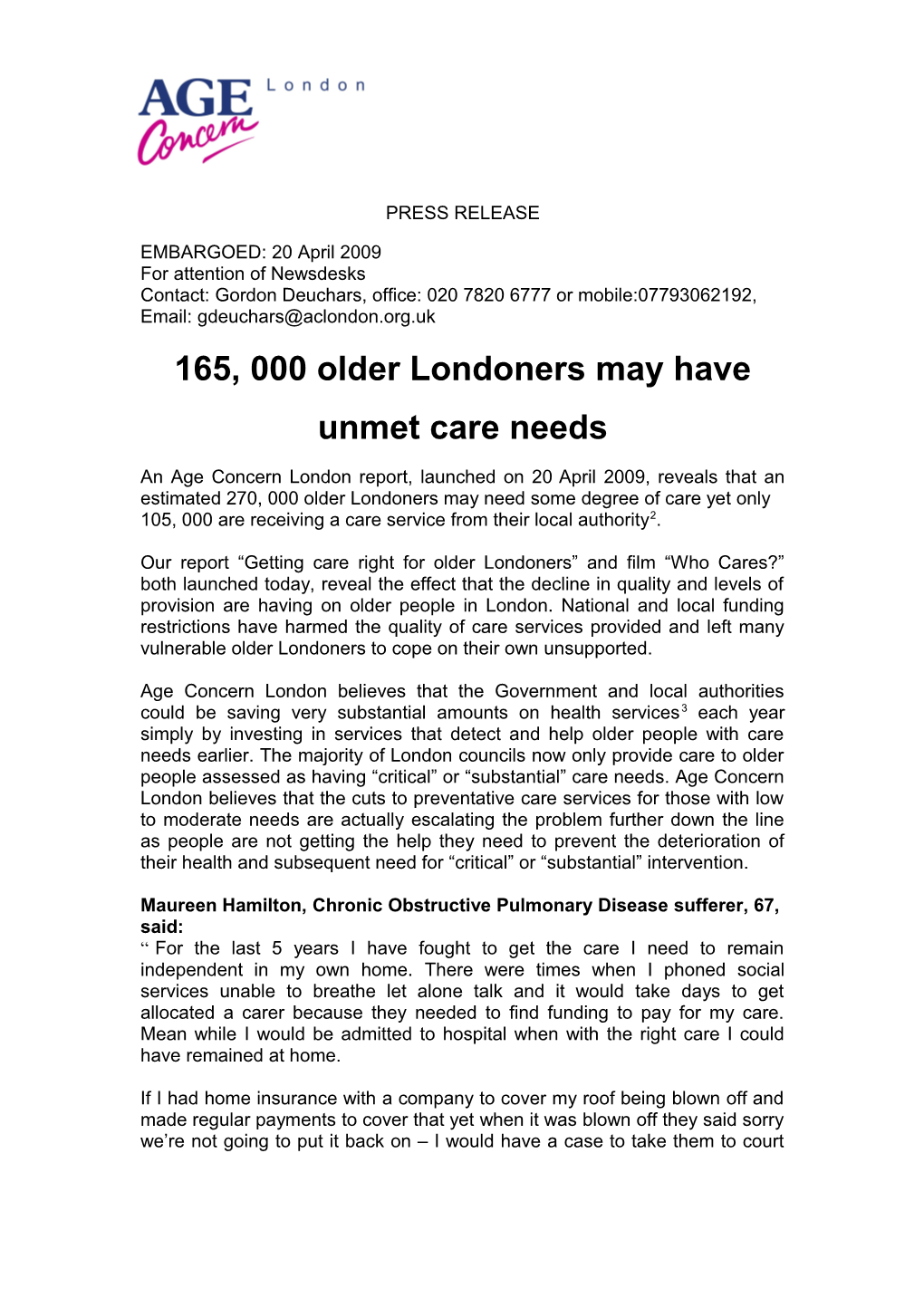 165, 000 Older Londoners May Have Unmet Care Needs