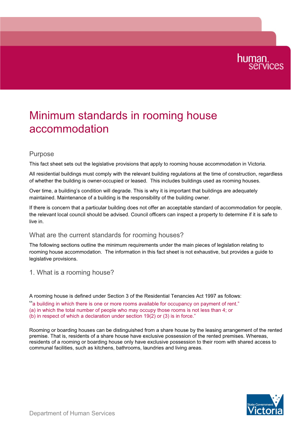Minimum Standards in Rooming House Accommodation