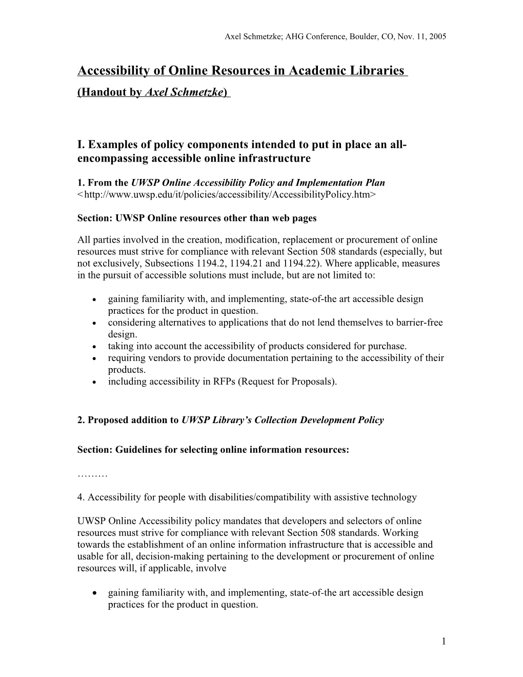 Accessibility of Online Resources in Academic Libraries (Handout by Axel Schmetzke)