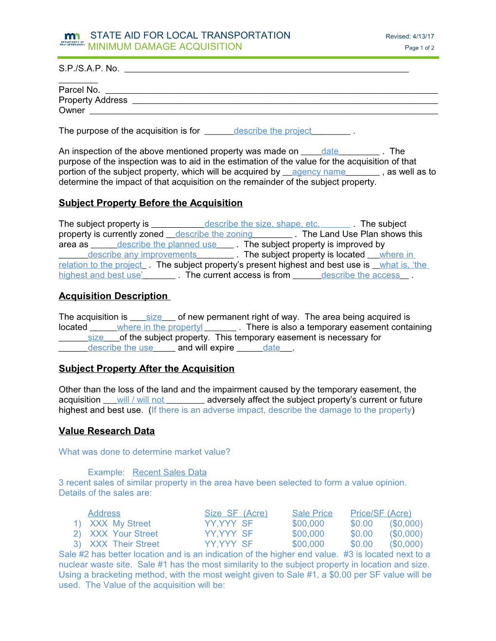 MINIMUM DAMAGE ACQUISITION Page 1 of 2