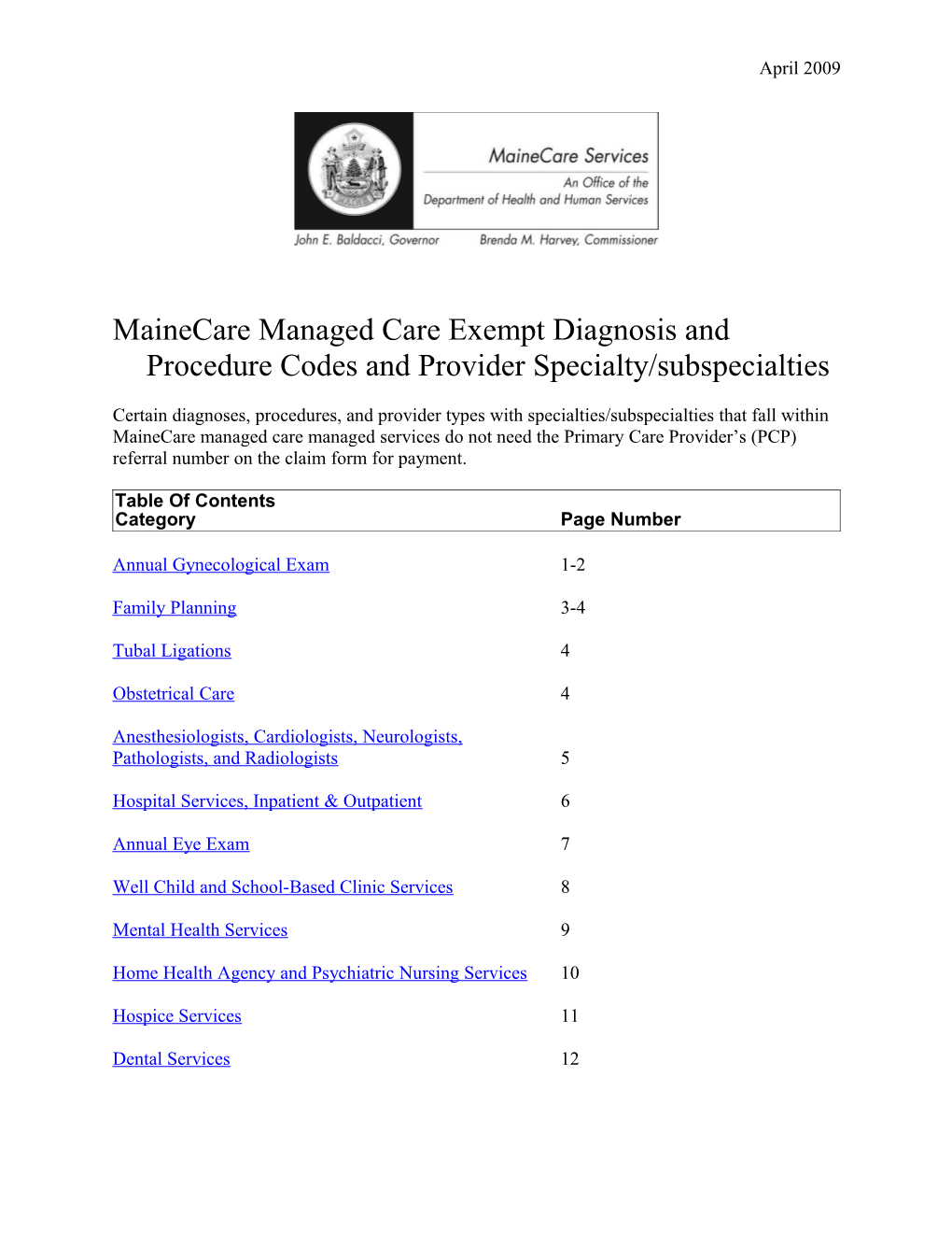 Managed Care Exempt Codes