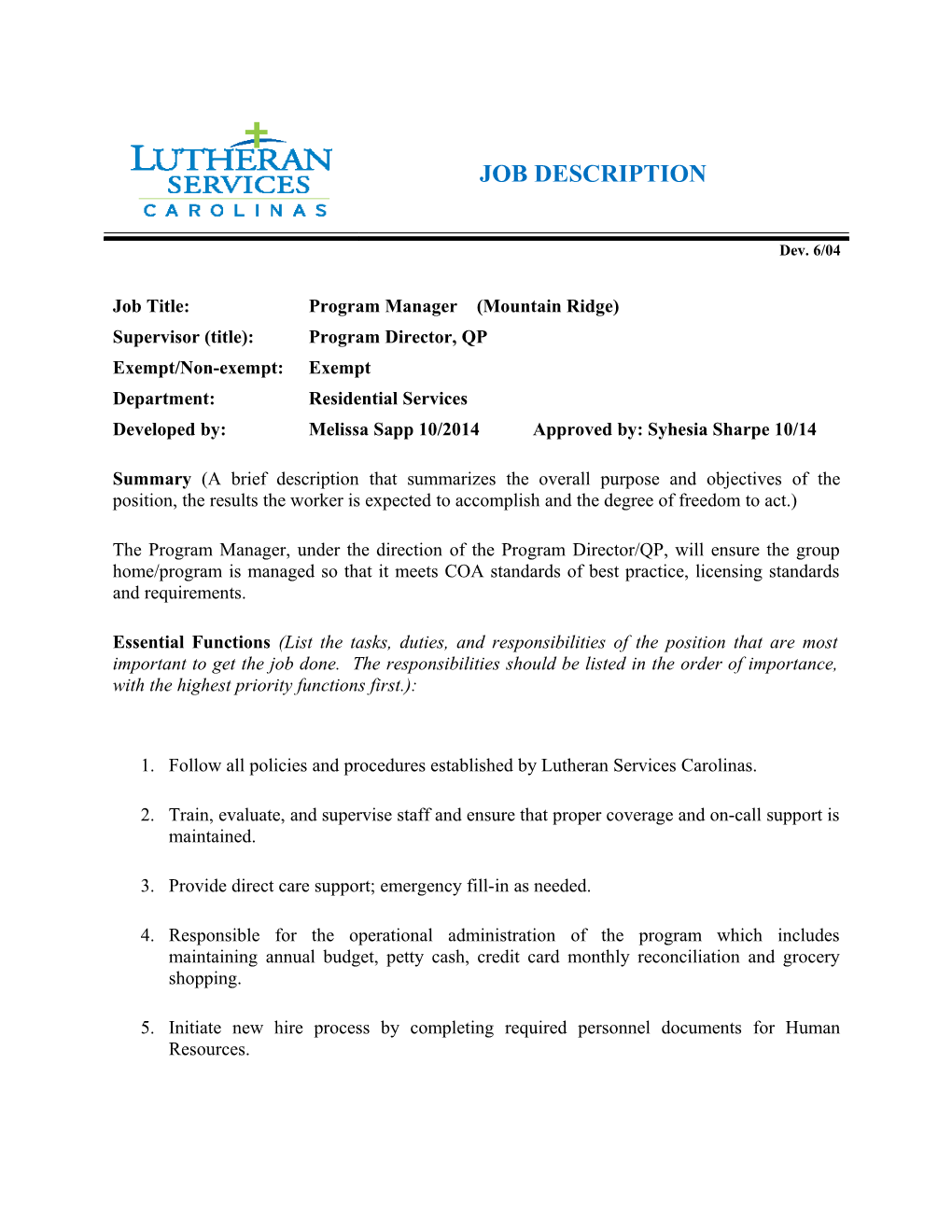 Job Title: Program Manager (Mountain Ridge)