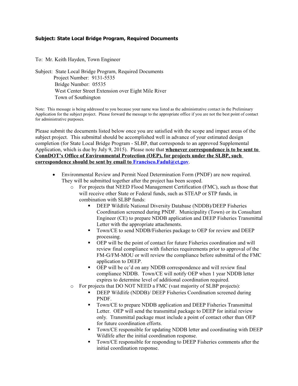 Subject: State Local Bridge Program, Required Documents