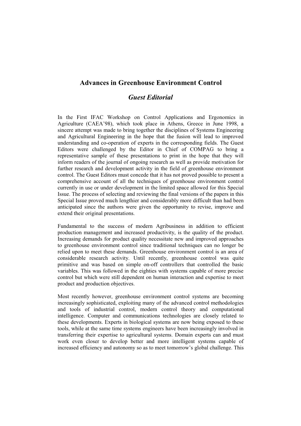 Advances in Greenhouse Environment Control