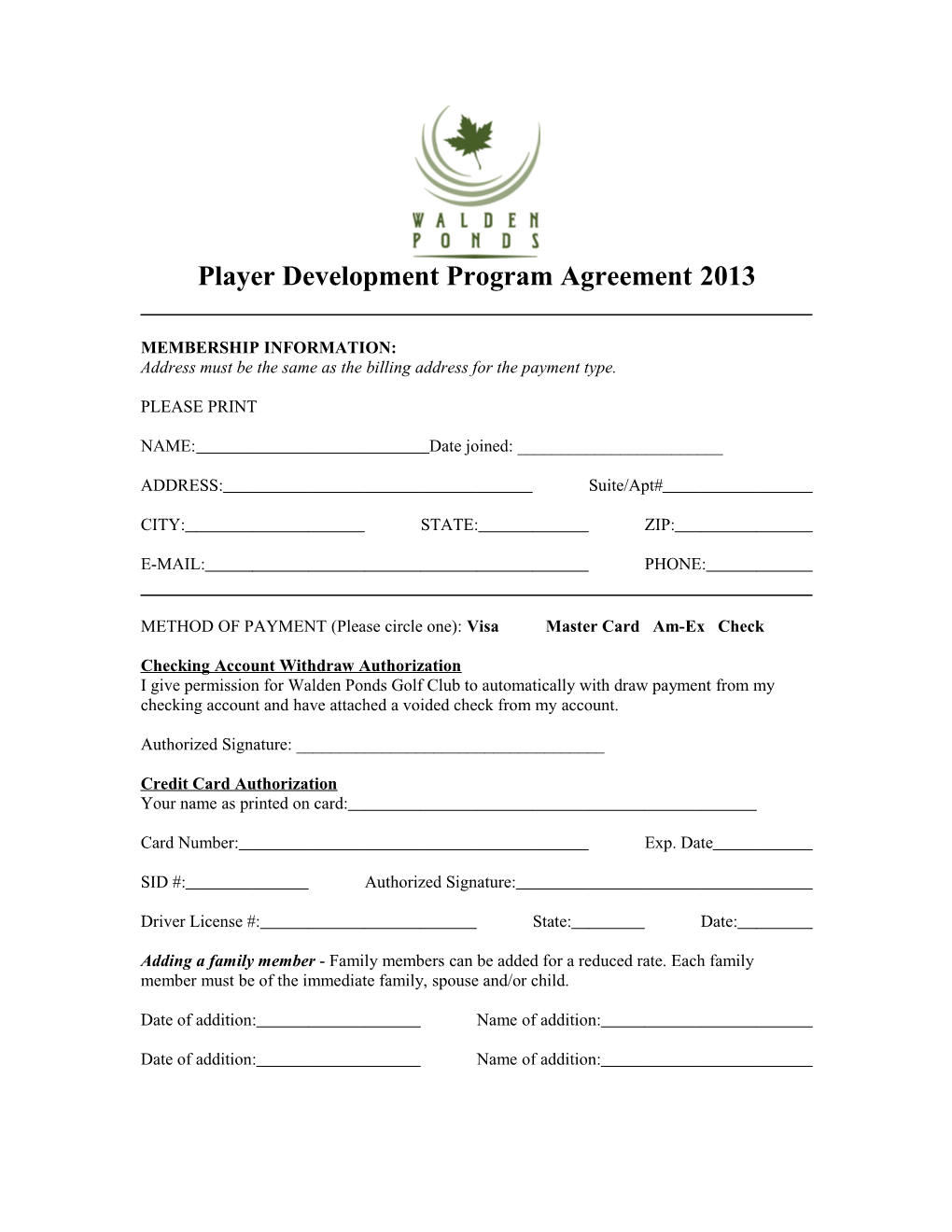 Insert Year Player Development Program Agreement