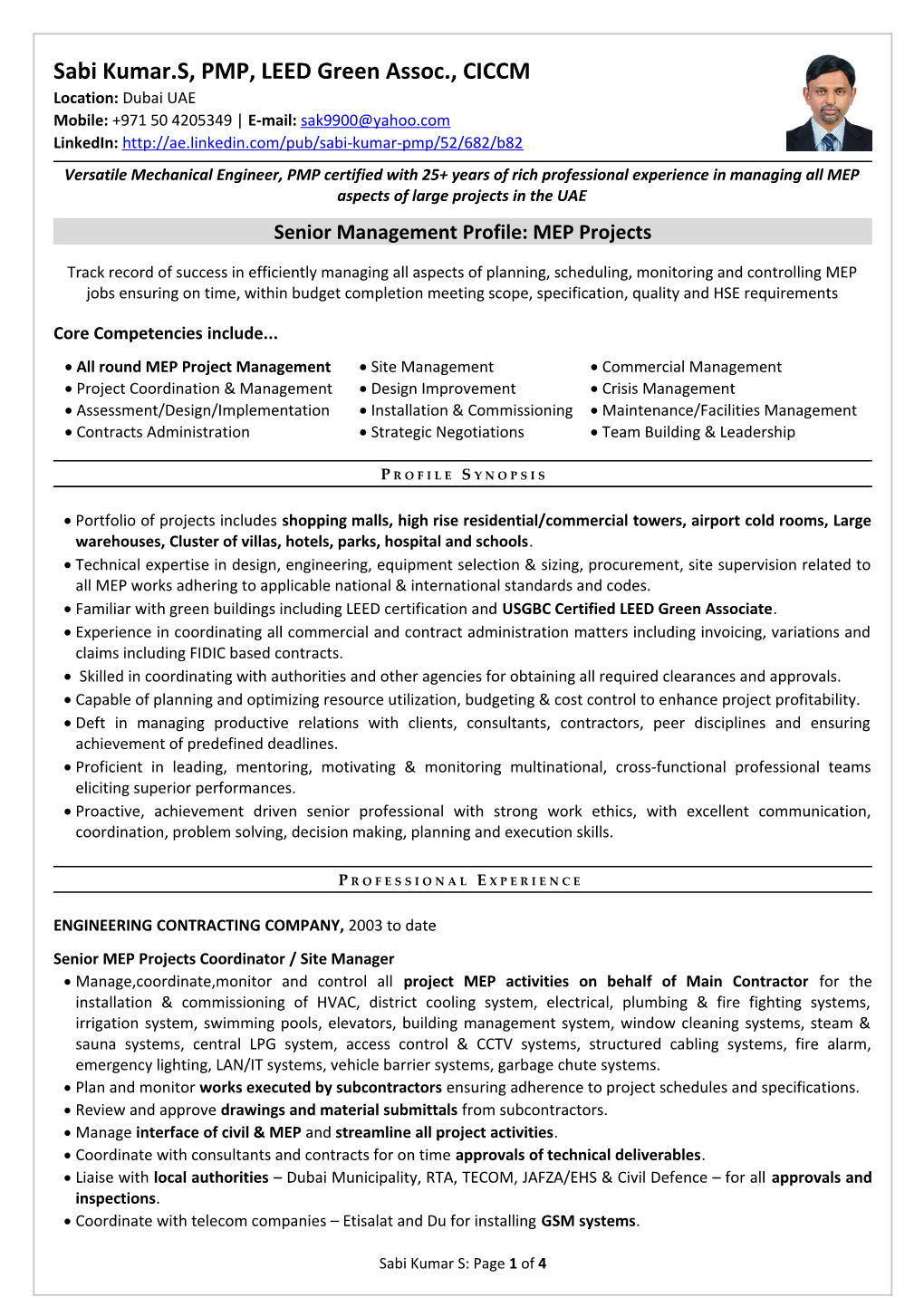 Senior Management Profile: MEP Projects