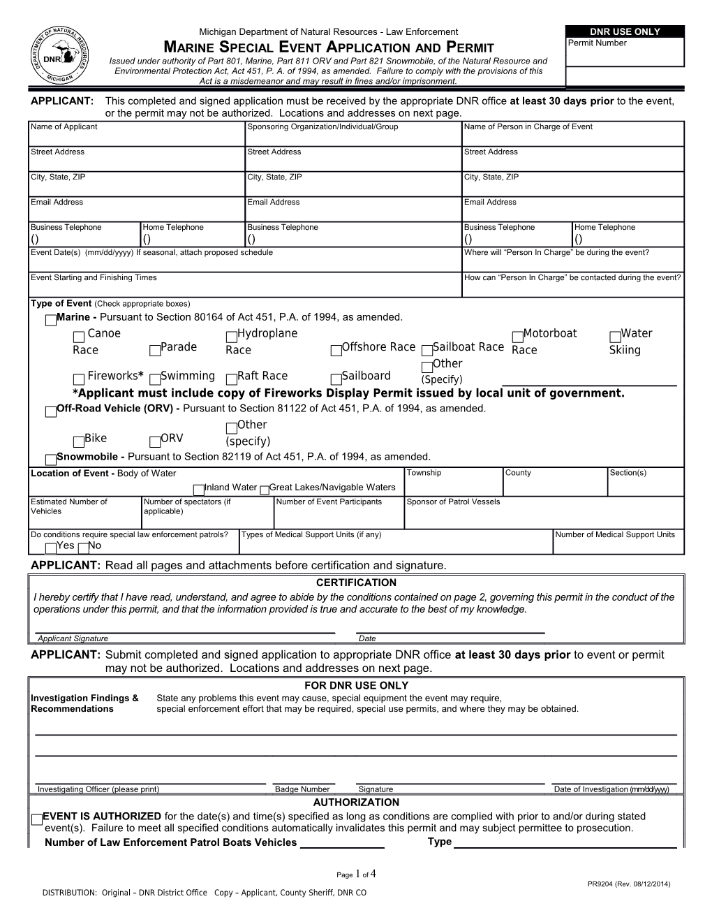 Marine Special Event Permit Application Form