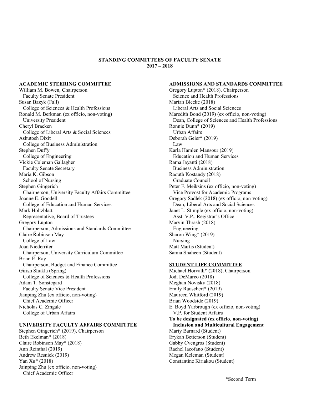 Standing Committees of Faculty Senate