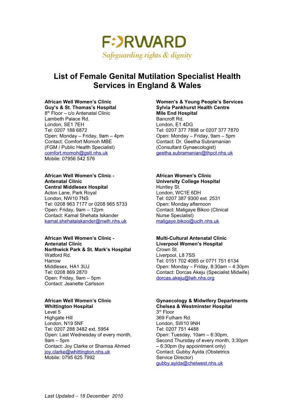 List of Female Genital Mutilation Specialist Health Services in England & Wales