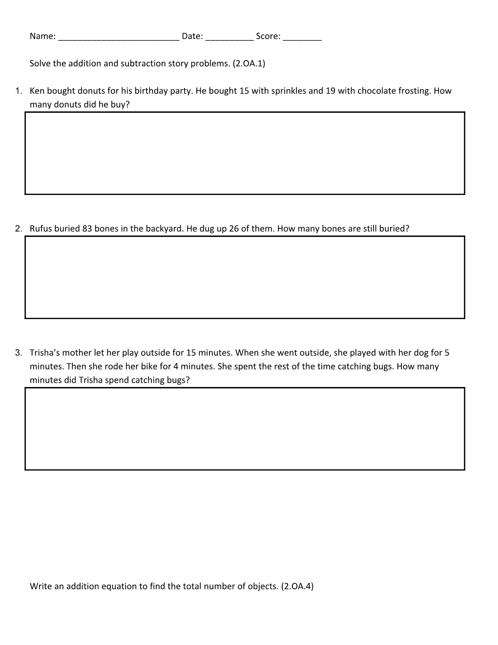 Solve the Addition and Subtraction Story Problems. (2.OA.1)