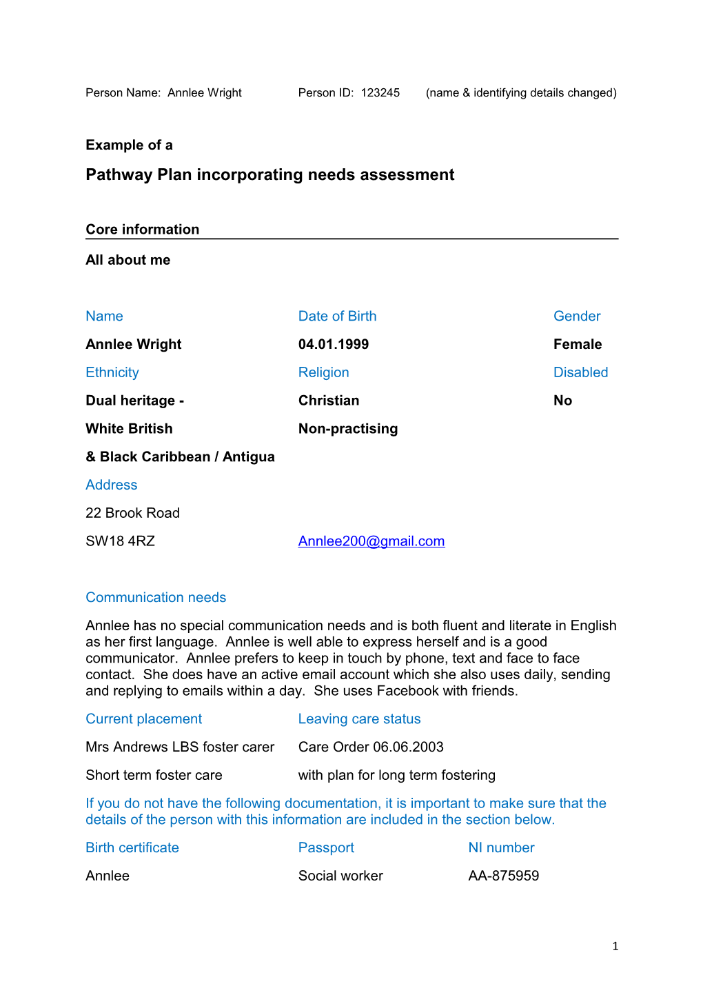 Pathway Plan Incorporating Needs Assessment