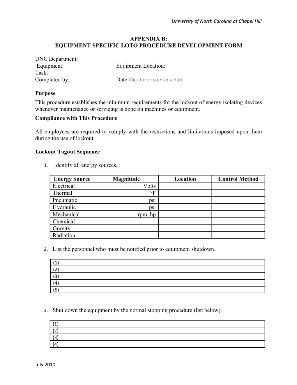 Equipment Specific Loto Procedure Development Form