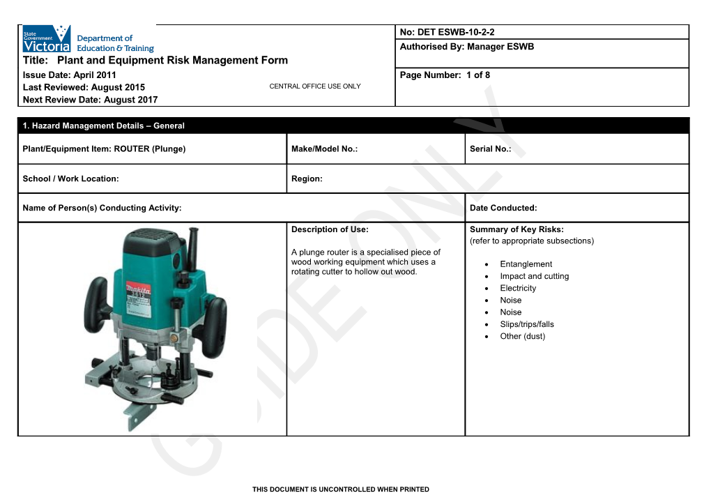 Plant and Equipment Risk Management Form - Plunge Router