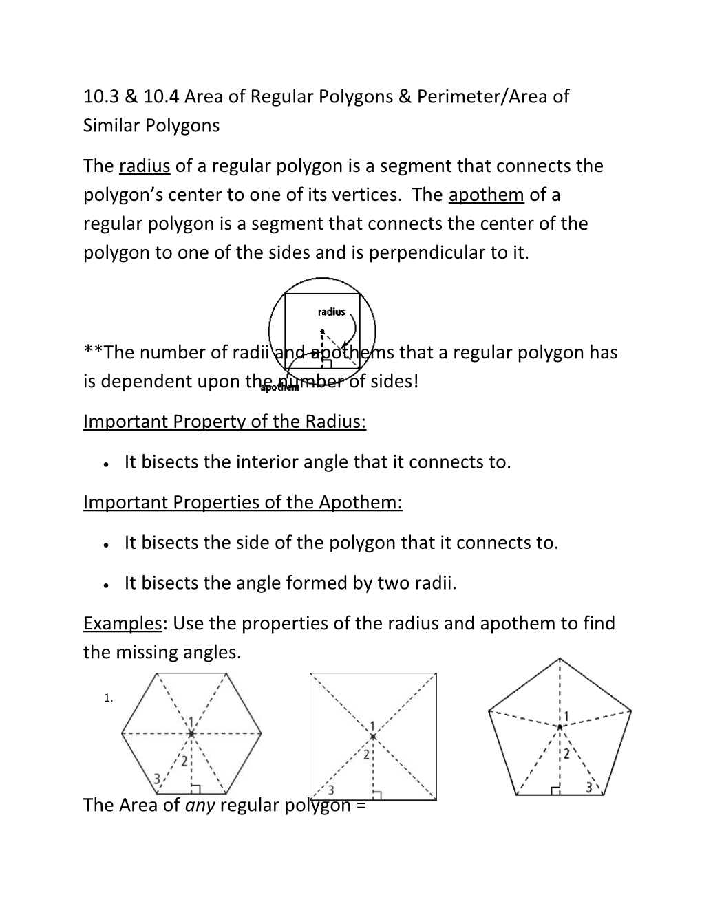 10.3 & 10.4 Area of Regular Polygons & Perimeter/Area of Similar Polygons